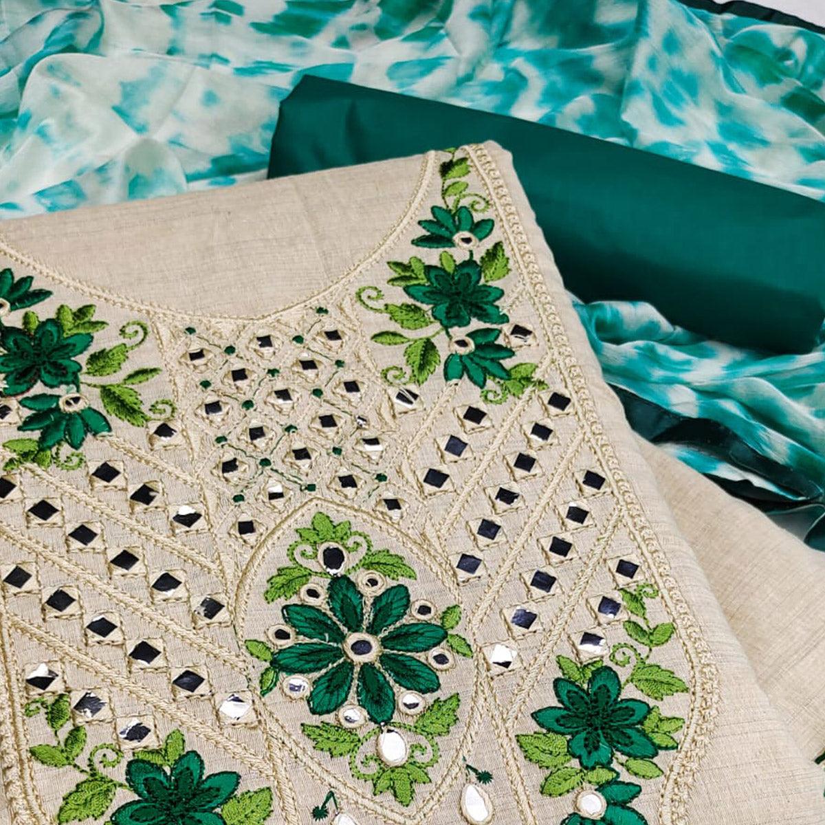 Cream-Green Festive Wear Floral Embroidery With Mirror Work Cotton Dress Material