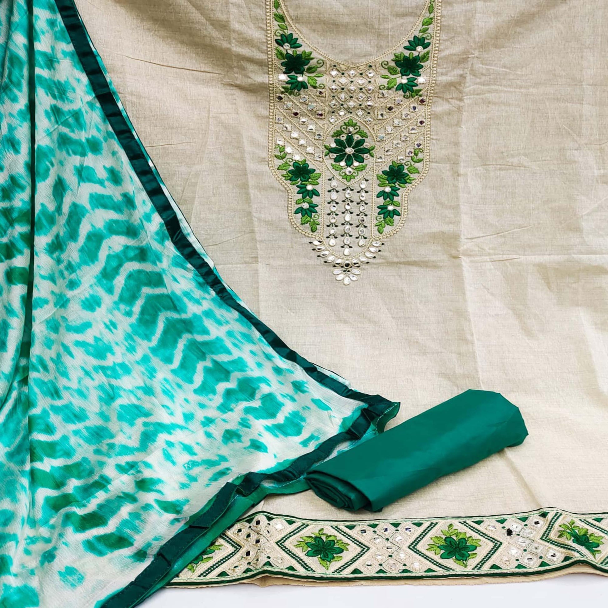 Cream-Green Festive Wear Floral Embroidery With Mirror Work Cotton Dress Material