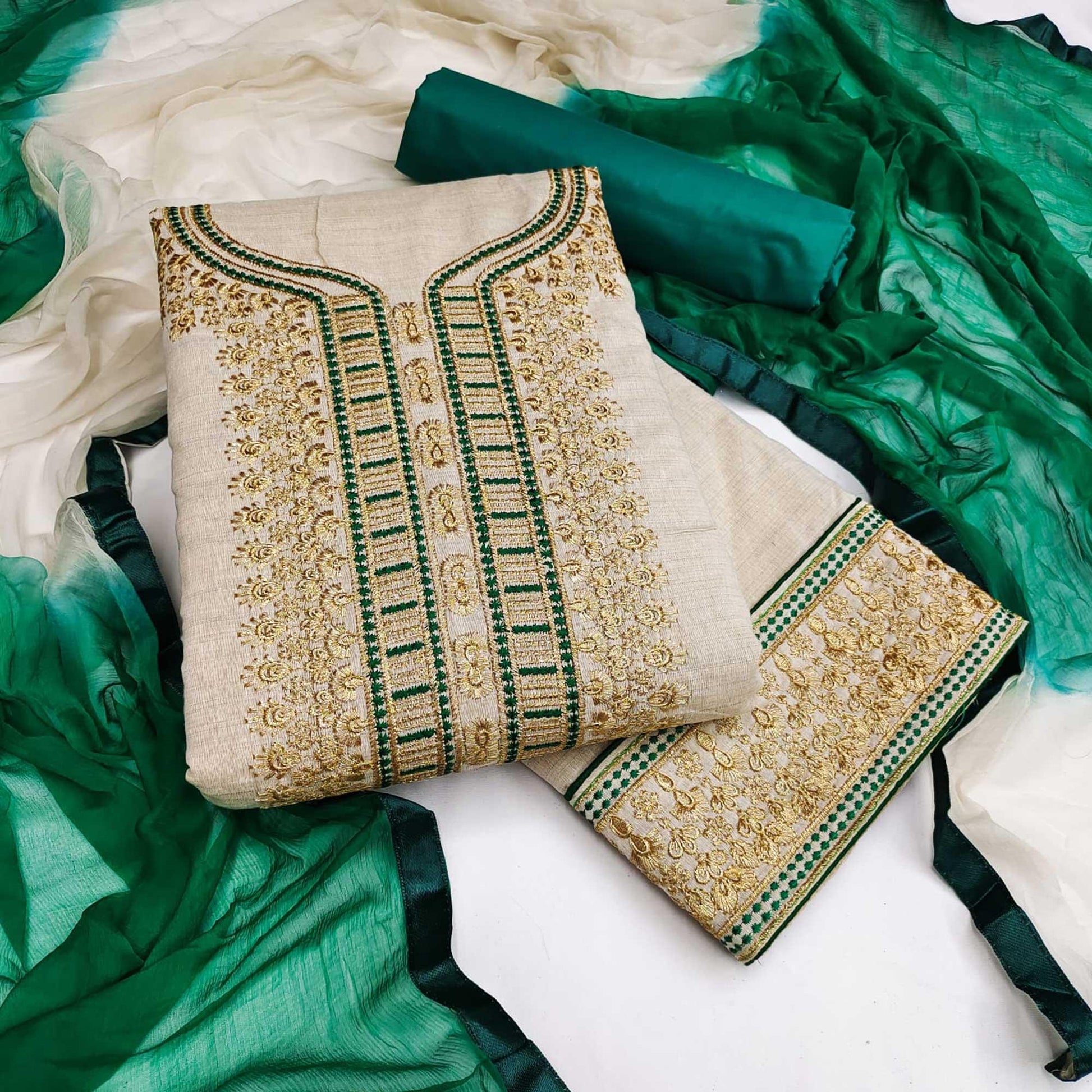 Cream-Green Festive Wear Mirror Work Cotton Dress Material