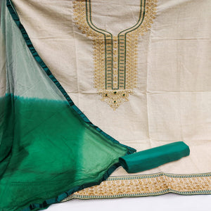 Cream-Green Festive Wear Mirror Work Cotton Dress Material