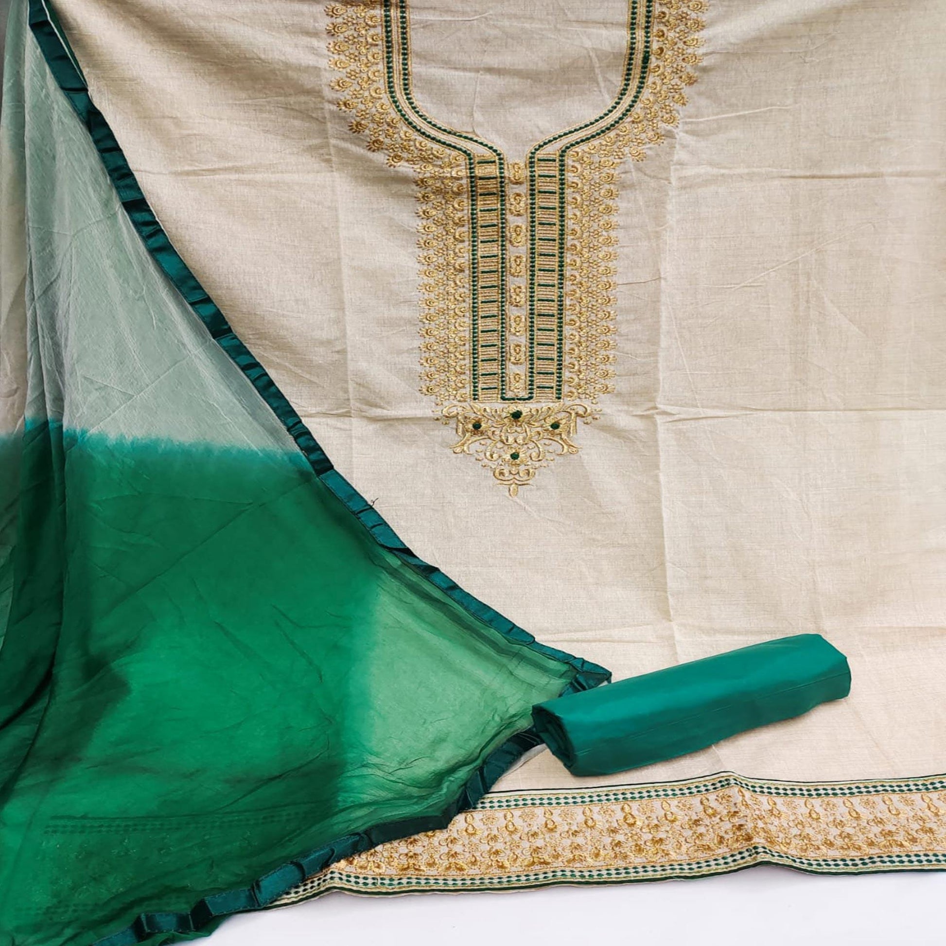 Cream-Green Festive Wear Mirror Work Cotton Dress Material