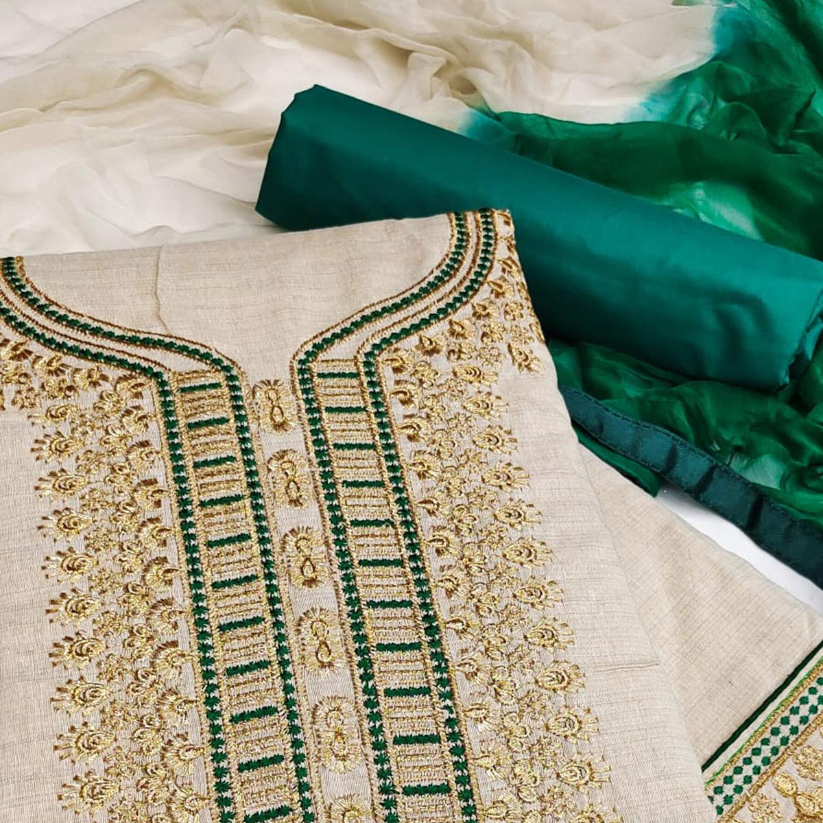 Cream-Green Festive Wear Mirror Work Cotton Dress Material