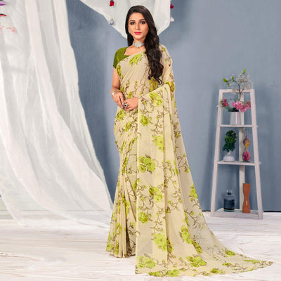 Cream-Green Floral Printed Georgette Saree