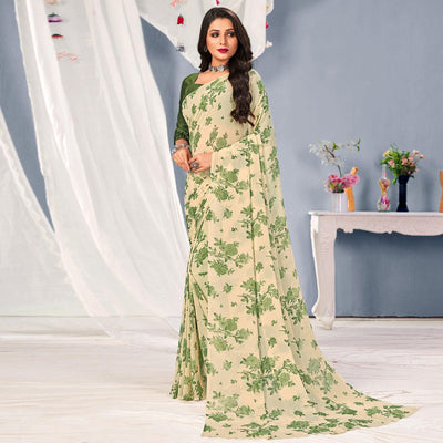 Cream-Green Floral Printed Georgette Saree