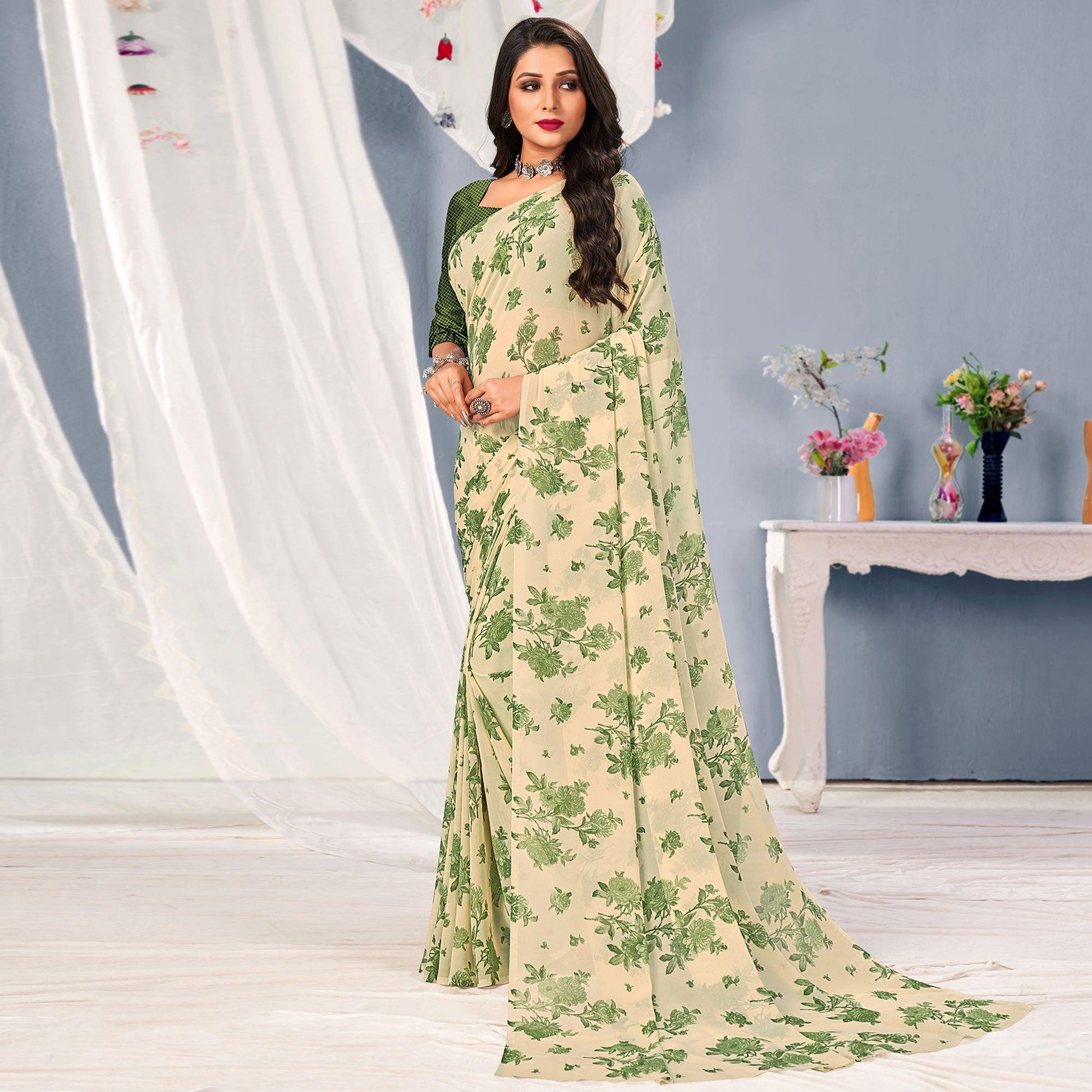 Cream-Green Floral Printed Georgette Saree
