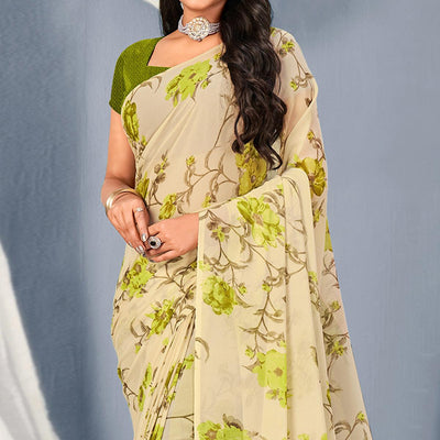 Cream-Green Floral Printed Georgette Saree