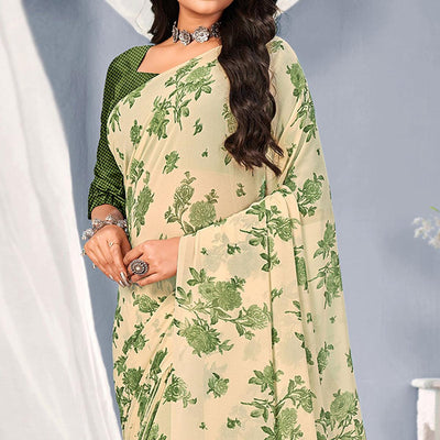 Cream-Green Floral Printed Georgette Saree