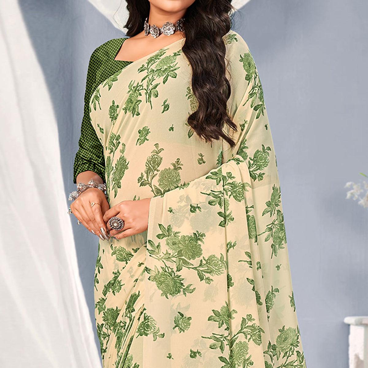 Cream-Green Floral Printed Georgette Saree