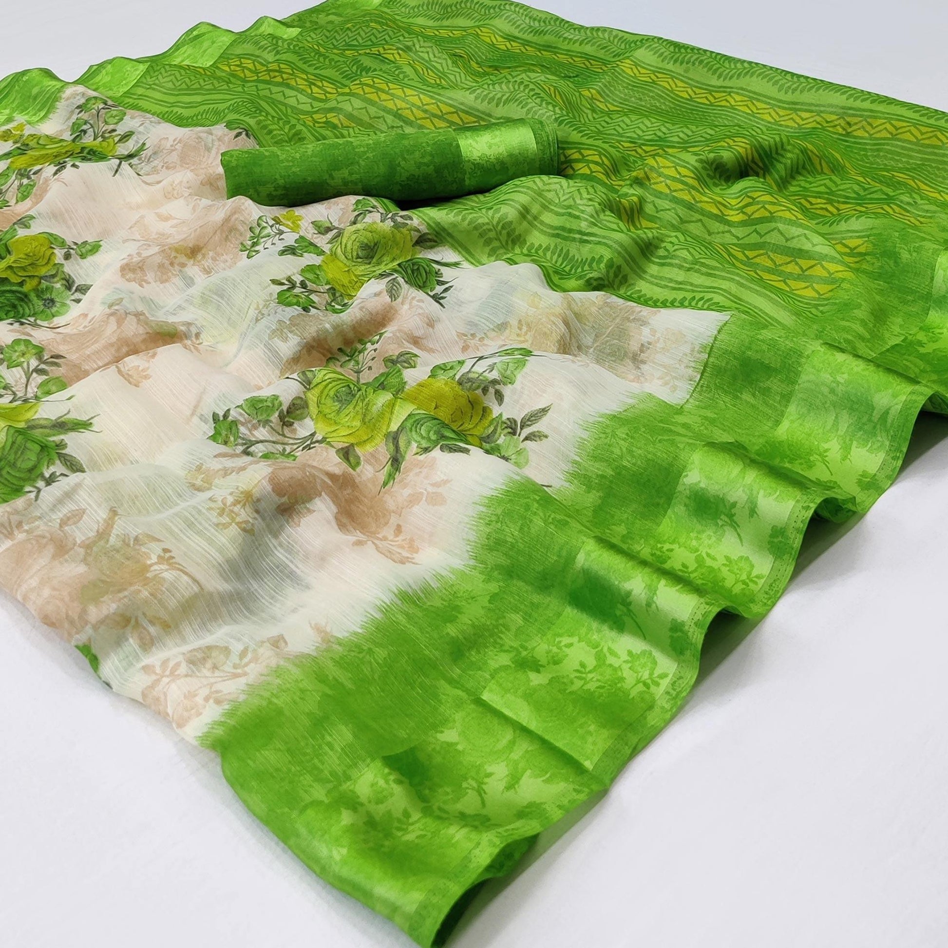 Cream-Green Floral Printed Linen Saree