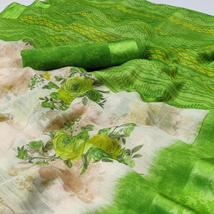 Cream-Green Floral Printed Linen Saree
