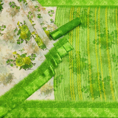 Cream-Green Floral Printed Linen Saree