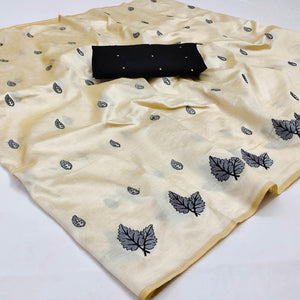 Cream - GREY Casual Wear Emrboidered Silk Saree