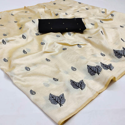Cream - GREY Casual Wear Emrboidered Silk Saree