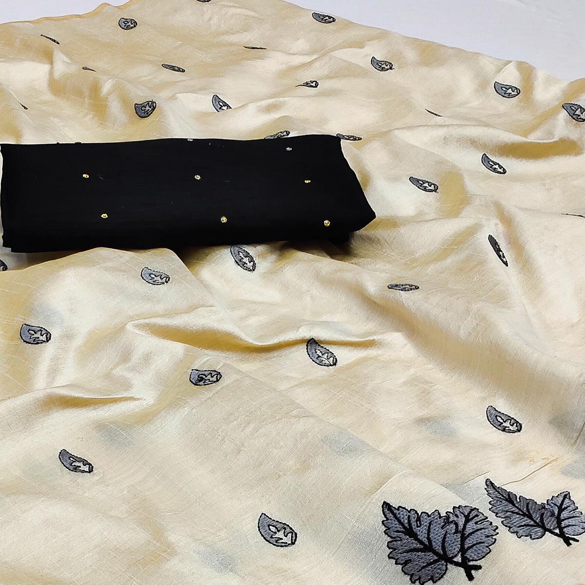 Cream - GREY Casual Wear Emrboidered Silk Saree