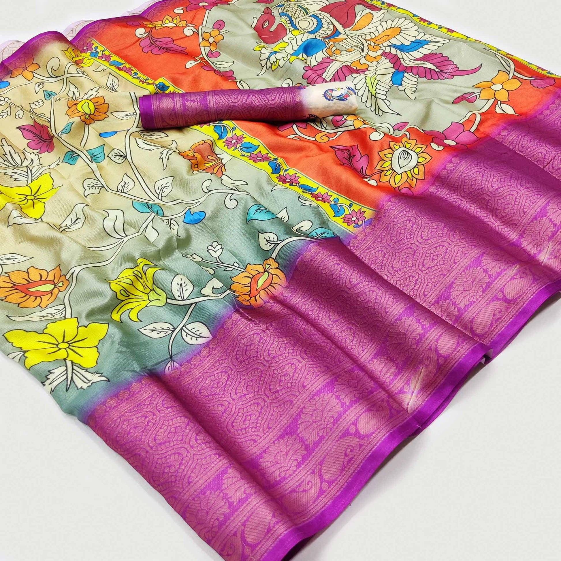 Cream-Grey Digital Printed Khaadi Saree