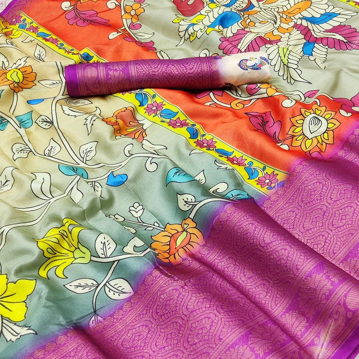 Cream-Grey Digital Printed Khaadi Saree