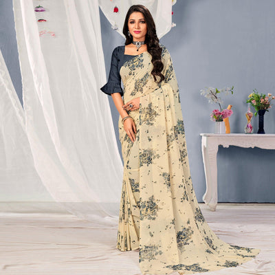 Cream-Grey Floral Printed Georgette Saree