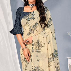 Cream-Grey Floral Printed Georgette Saree
