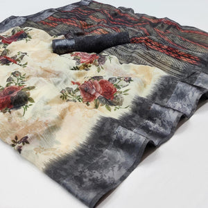 Cream-Grey Floral Printed Linen Saree