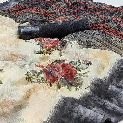 Cream-Grey Floral Printed Linen Saree