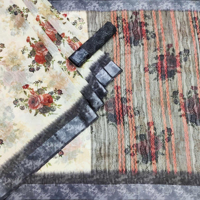 Cream-Grey Floral Printed Linen Saree