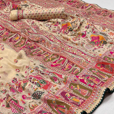 Cream Kalamkari Woven Chanderi Saree