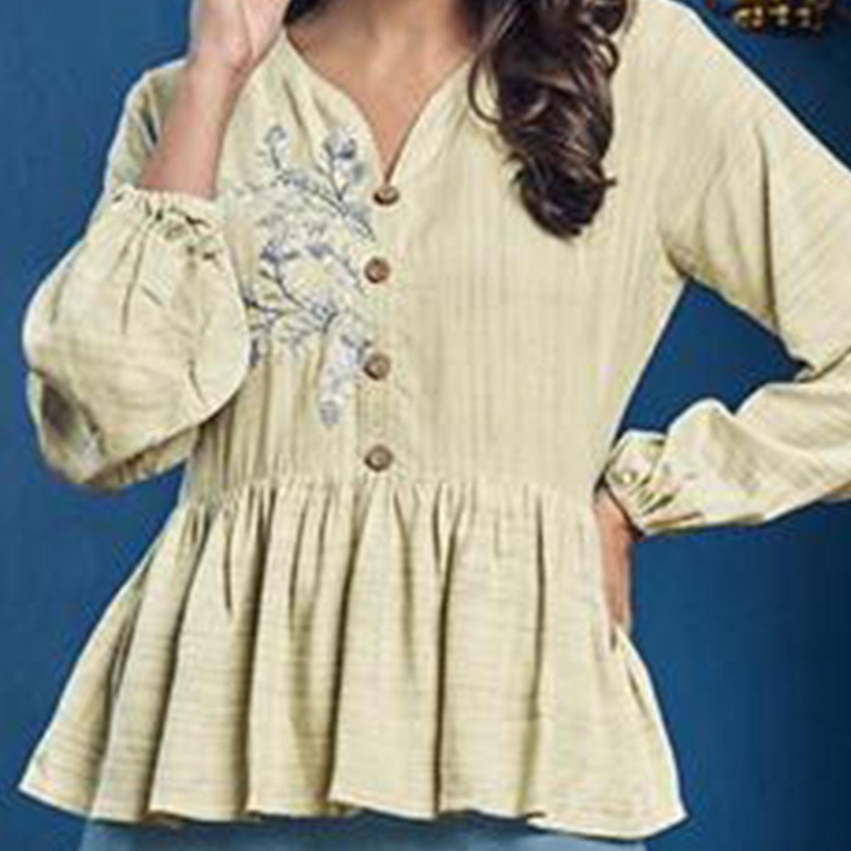 Cream-Light Blue Casual Wear Floral Embroidered Cotton-Rayon Top-Palazzo Set