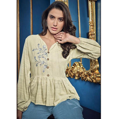 Cream-Light Blue Casual Wear Floral Embroidered Cotton-Rayon Top-Palazzo Set