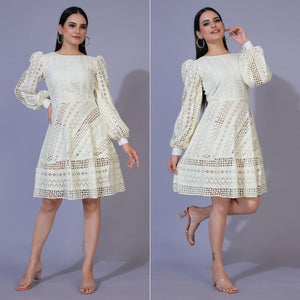 Cream Lucknowi Chikankari Work Rayon Western Dress