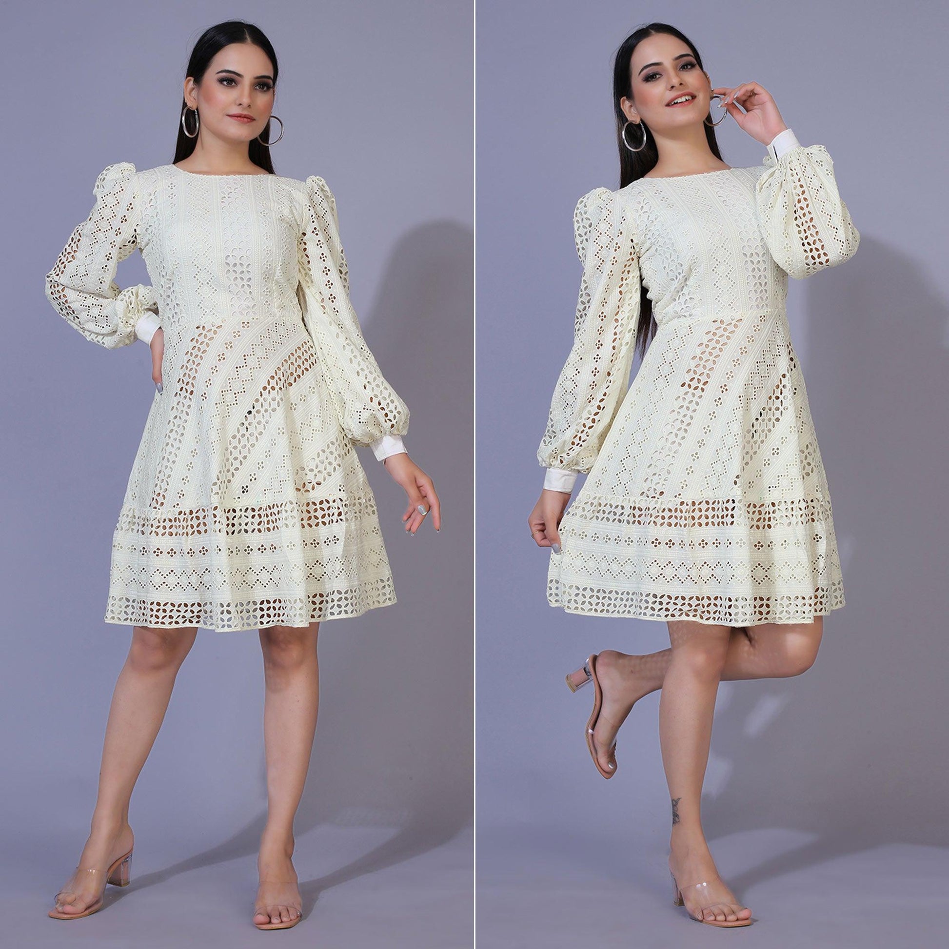 Cream Lucknowi Chikankari Work Rayon Western Dress