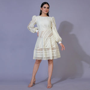Cream Lucknowi Chikankari Work Rayon Western Dress