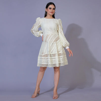 Cream Lucknowi Chikankari Work Rayon Western Dress