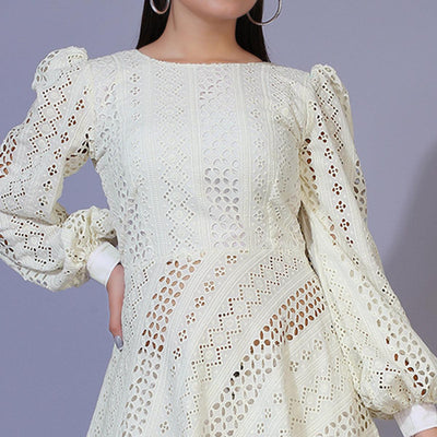 Cream Lucknowi Chikankari Work Rayon Western Dress