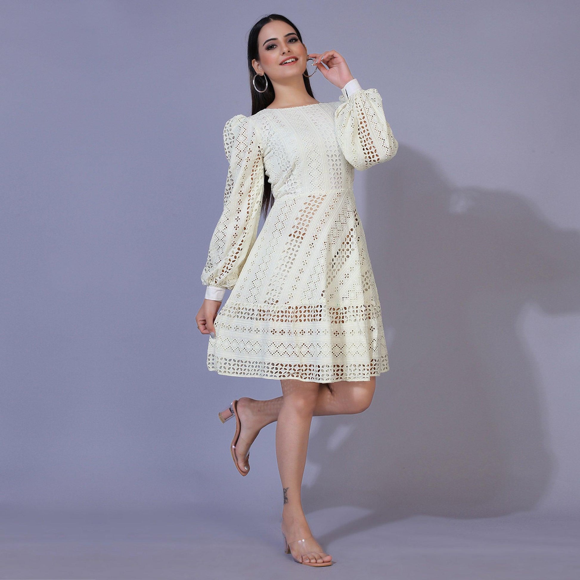 Cream Lucknowi Chikankari Work Rayon Western Dress