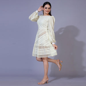 Cream Lucknowi Chikankari Work Rayon Western Dress