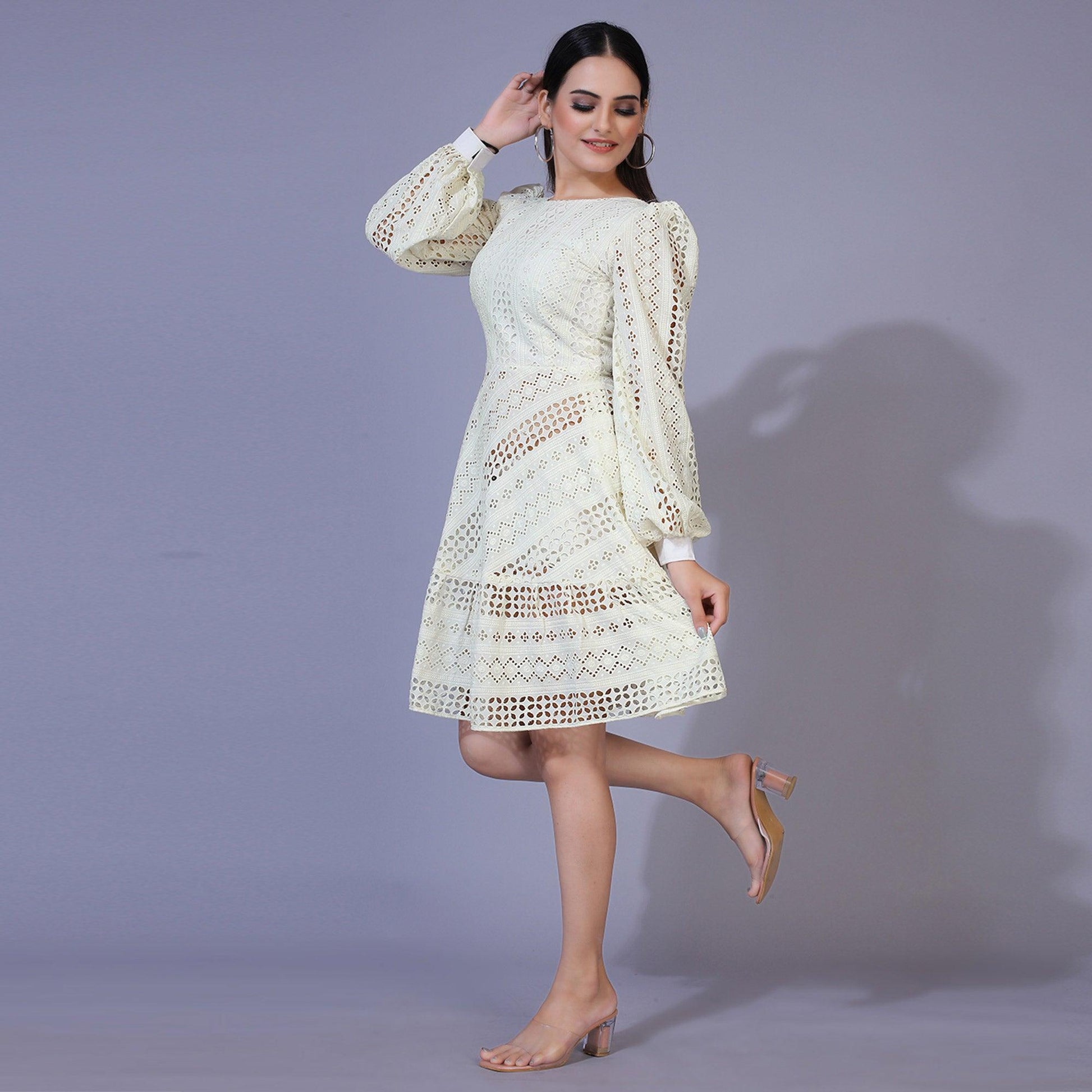 Cream Lucknowi Chikankari Work Rayon Western Dress