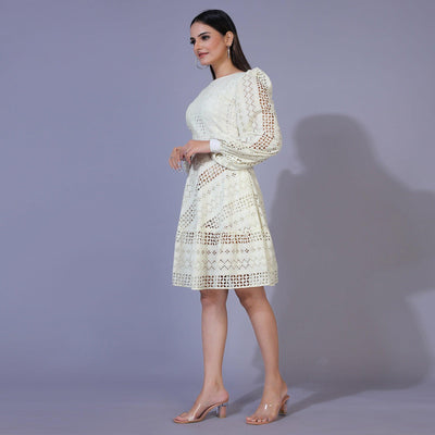 Cream Lucknowi Chikankari Work Rayon Western Dress