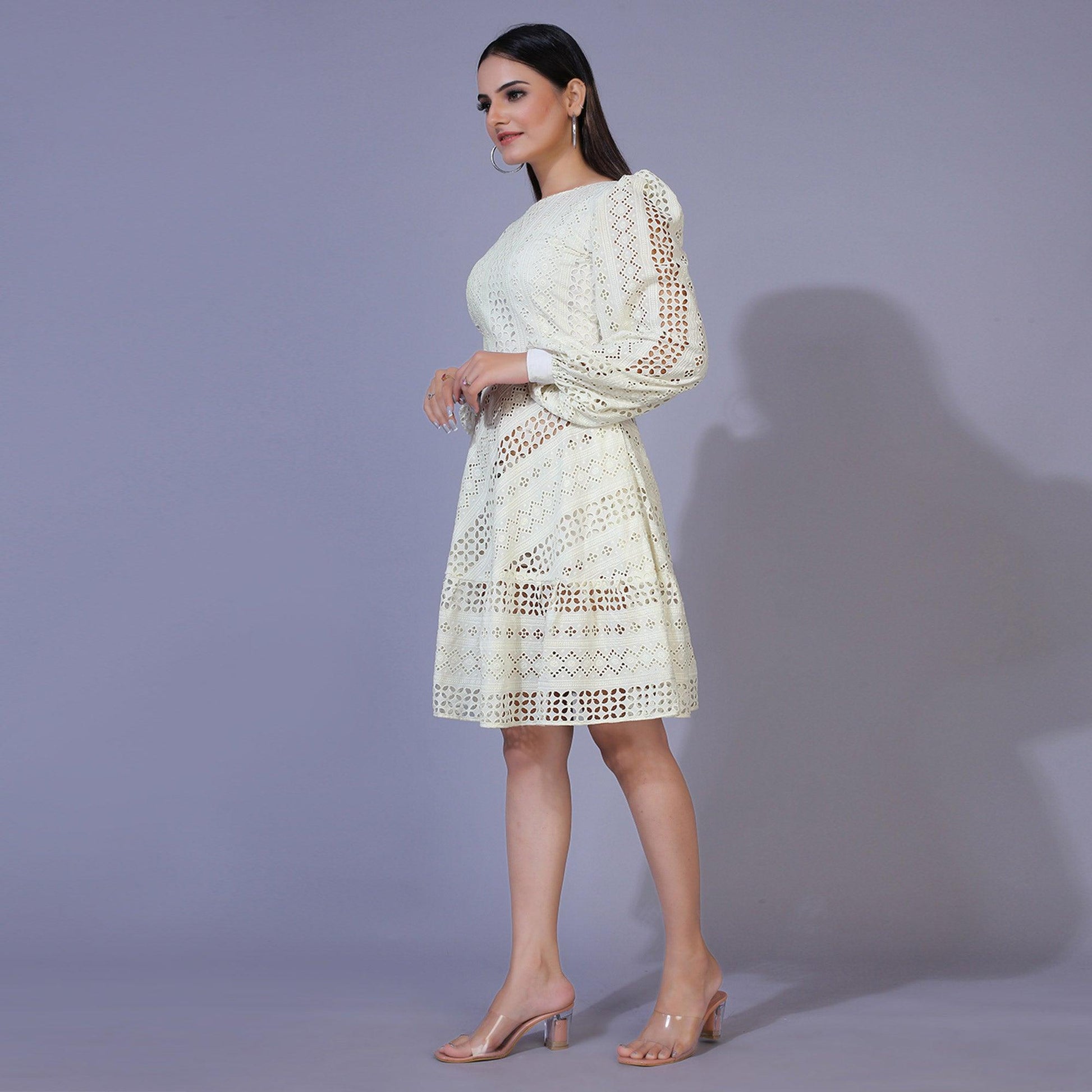 Cream Lucknowi Chikankari Work Rayon Western Dress