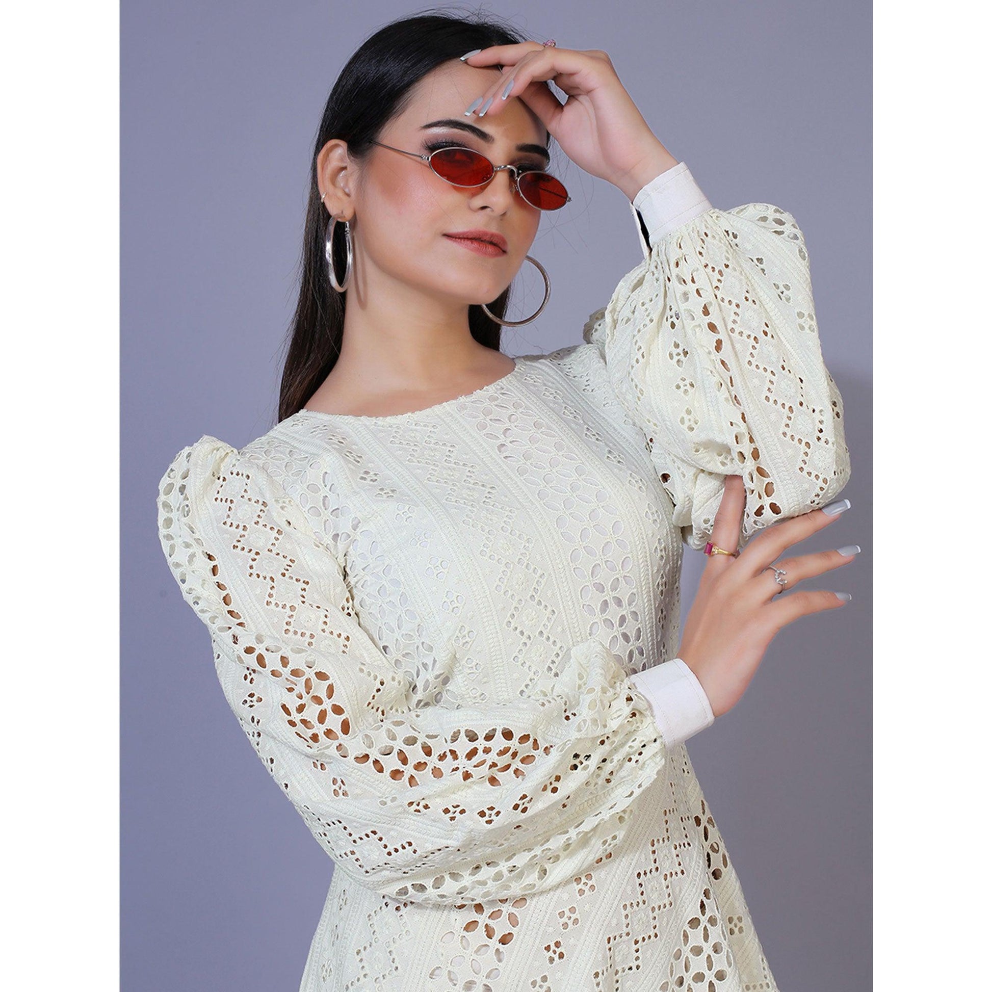 Cream Lucknowi Chikankari Work Rayon Western Dress