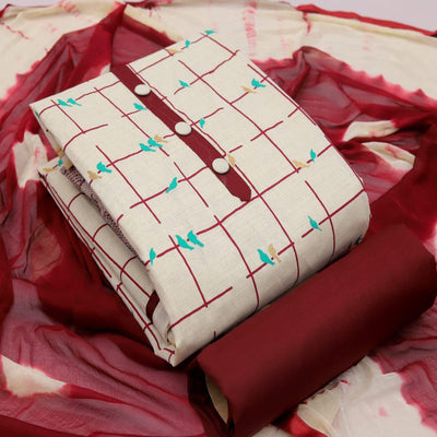Cream - Maroon Casual Wear Foil Printed Cotton Dress Material