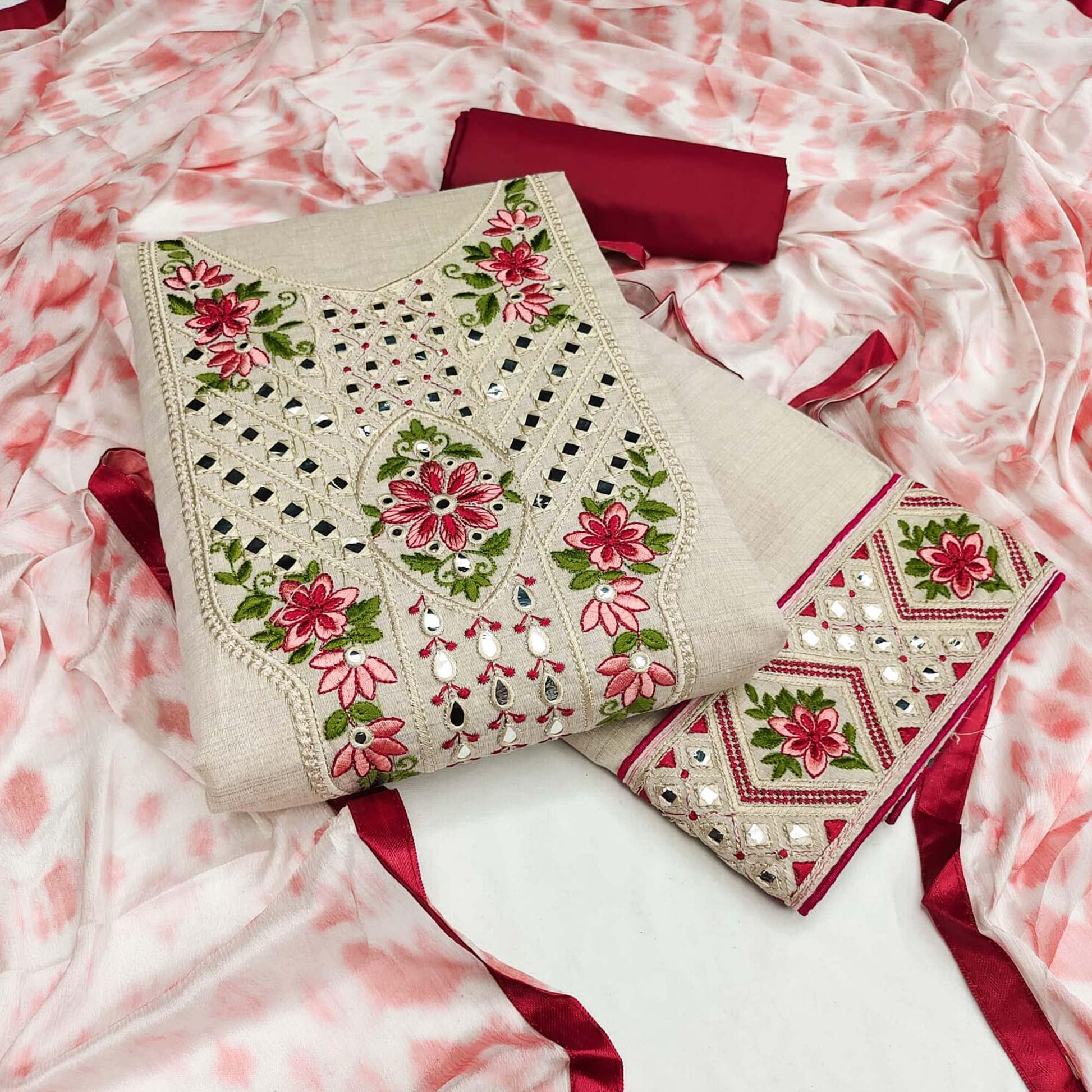 Cream-Maroon Festive Wear Floral Embroidery With Mirror Work Cotton Dress Material