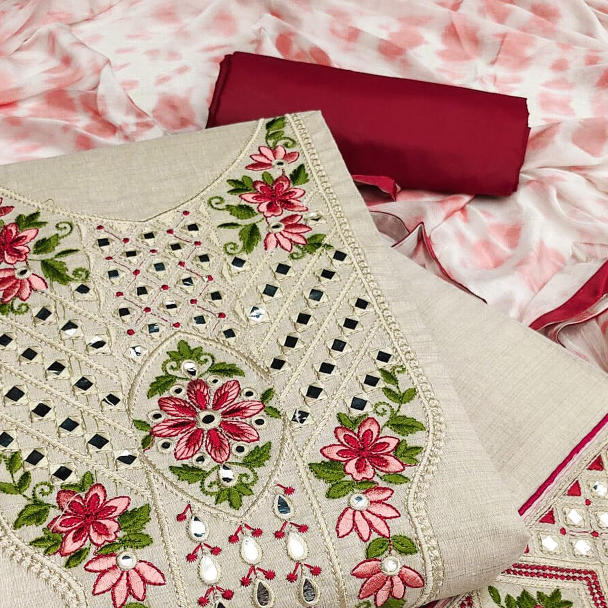 Cream-Maroon Festive Wear Floral Embroidery With Mirror Work Cotton Dress Material