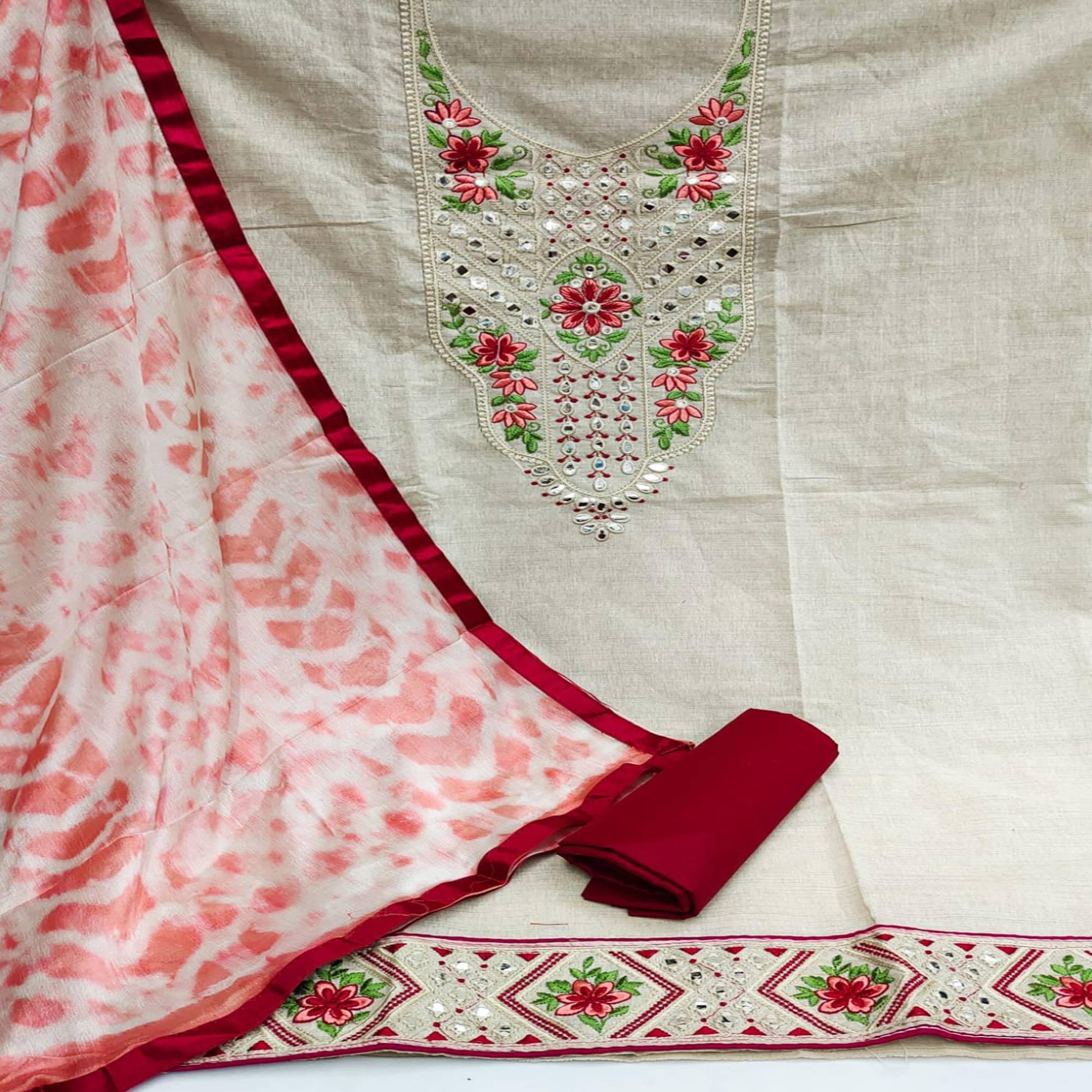 Cream-Maroon Festive Wear Floral Embroidery With Mirror Work Cotton Dress Material