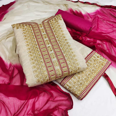 Cream-Maroon Festive Wear Mirror Work Cotton Dress Material