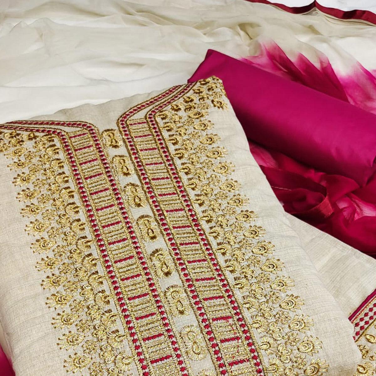 Cream-Maroon Festive Wear Mirror Work Cotton Dress Material