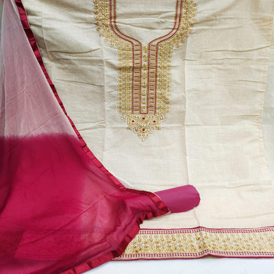 Cream-Maroon Festive Wear Mirror Work Cotton Dress Material