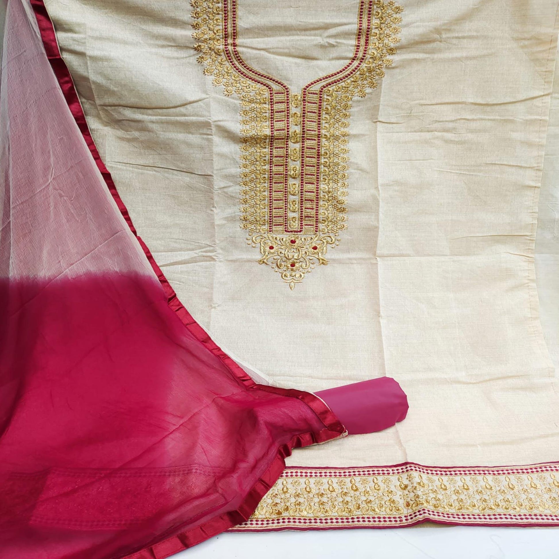 Cream-Maroon Festive Wear Mirror Work Cotton Dress Material
