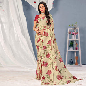 Cream-Maroon Floral Printed Georgette Saree