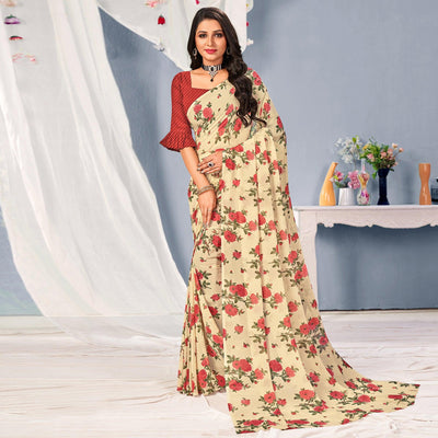 Cream-Maroon Floral Printed Georgette Saree