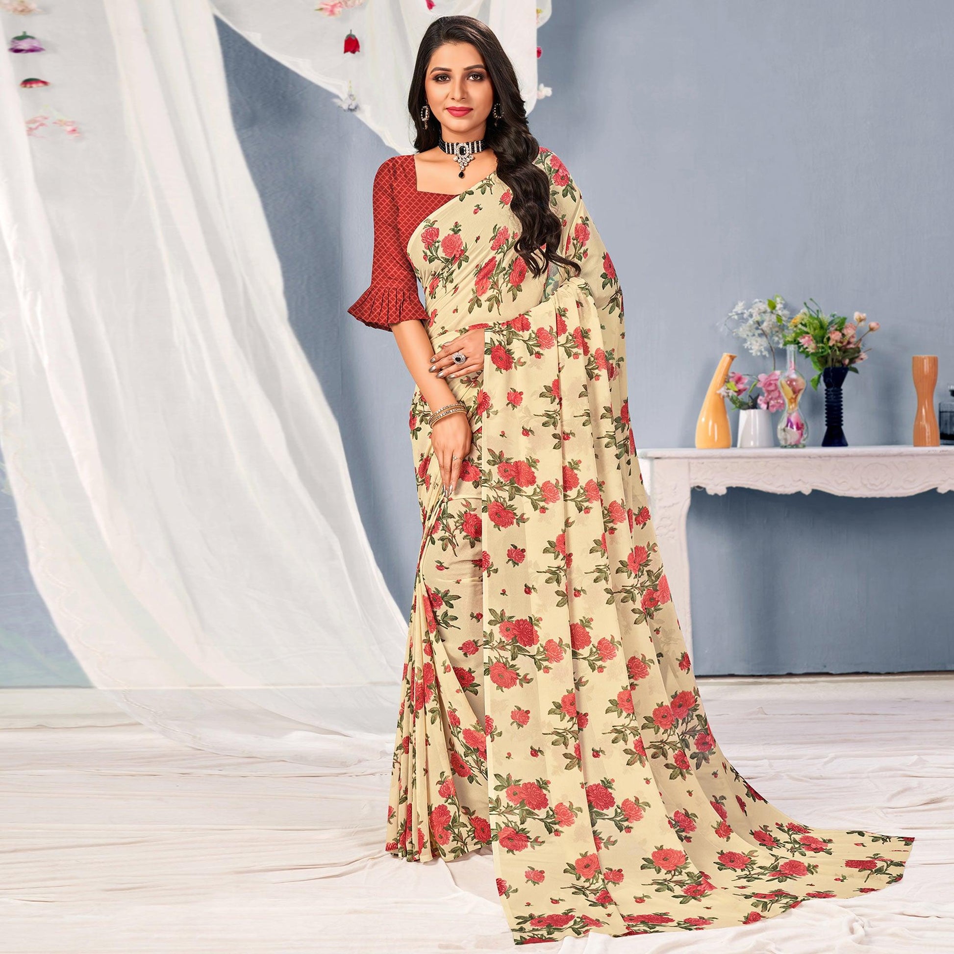 Cream-Maroon Floral Printed Georgette Saree